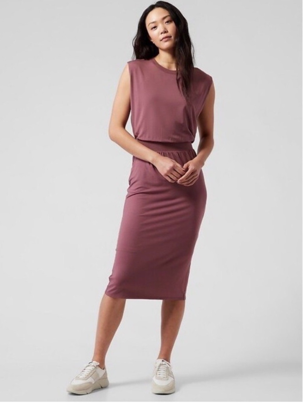Athleta Santorini Cinch Dress
Womens Mauve Pink
Sleeveless Midi Casual Comfy